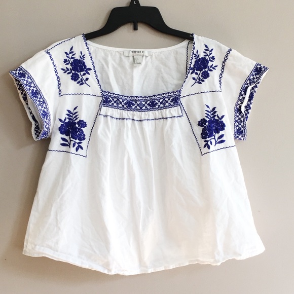 Forever 21 Tops - Forever 21 White Top with Blue Embroidered Design